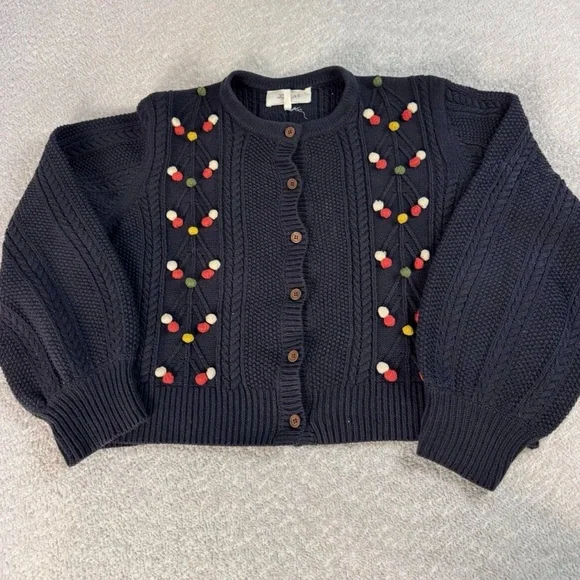 The GREAT The Frond Pom Pom Embellished Knit Cardigan Sweater Midnight Blue 2/M - Picture 4 of 12